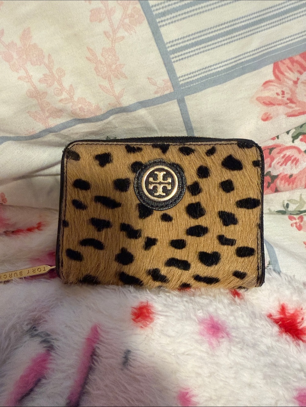Tory Burch Robinson Leopard Calf Hair Zip Coin Purse / Small Bifold Wallet.